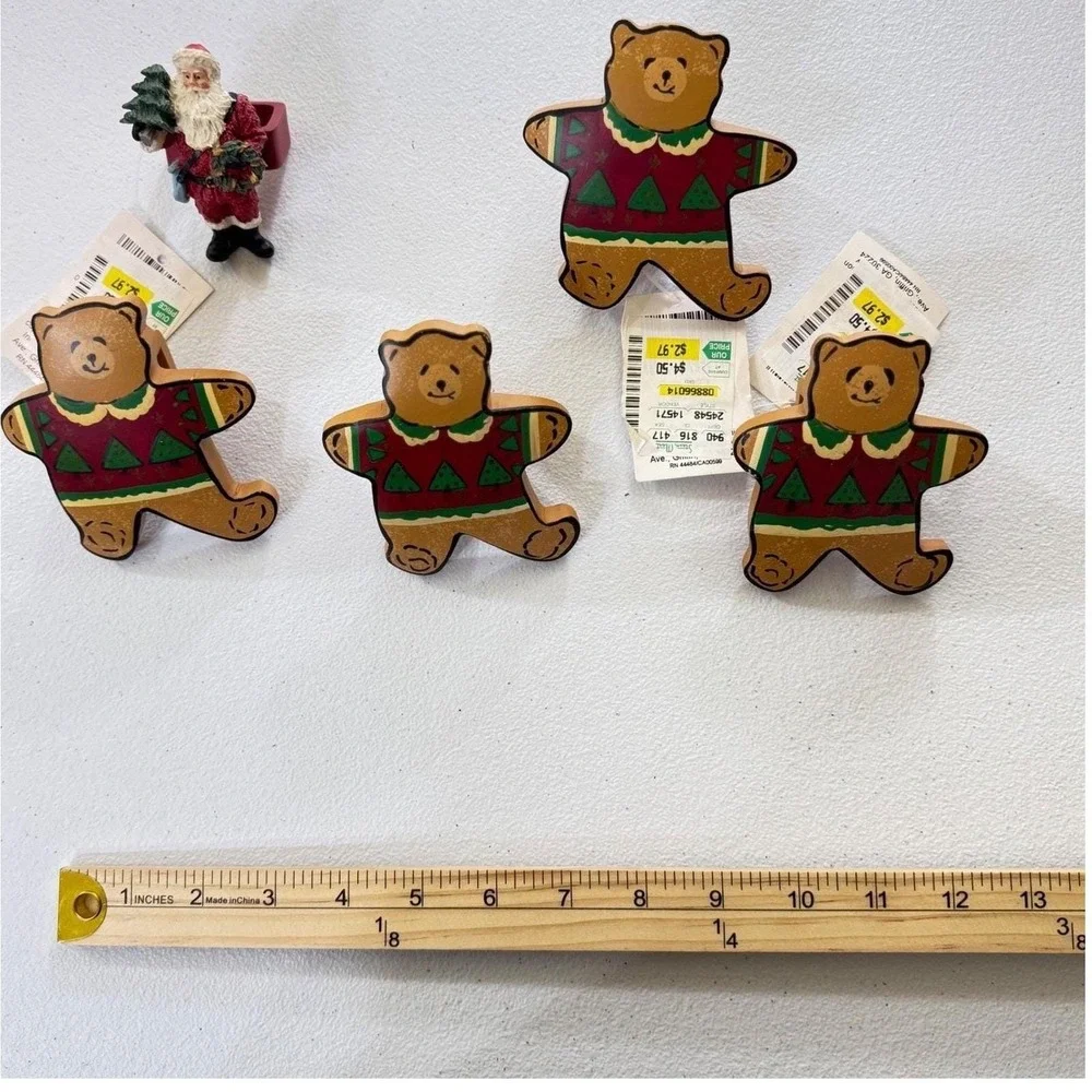 VTG Set of 5‎ Christmas Bear Napkin Rings Holders Red Green Rustic Holiday Decor